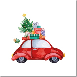 Merry Christmas Retro car with Christmas Gifts. Posters and Art